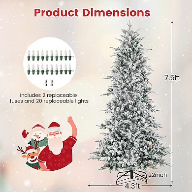 Gymax 7.5 FT Pre-Lit Artificial Christmas Tree Snow-Flocked Hinged Xmas Tree w/ 1107 Branch Tips