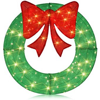 Gymax 48 Inch Pre-Lit Christmas Wreath w/ 200 LED Lights Red Bow Hanging Hooks