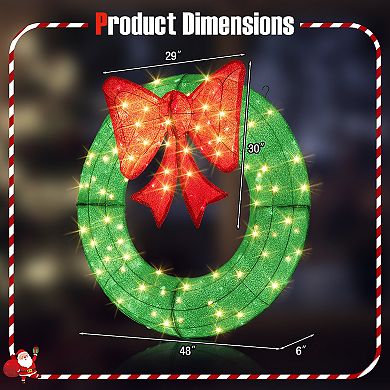 Gymax 48 Inch Pre-Lit Christmas Wreath w/ 200 LED Lights Red Bow Hanging Hooks