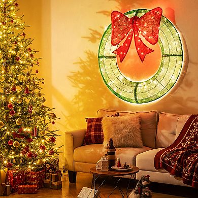 Gymax 48 Inch Pre-Lit Christmas Wreath w/ 200 LED Lights Red Bow Hanging Hooks