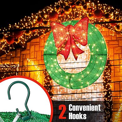 Gymax 48 Inch Pre-Lit Christmas Wreath w/ 200 LED Lights Red Bow Hanging Hooks