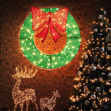 Gymax 48 Inch Pre-Lit Christmas Wreath w/ 200 LED Lights Red Bow Hanging Hooks