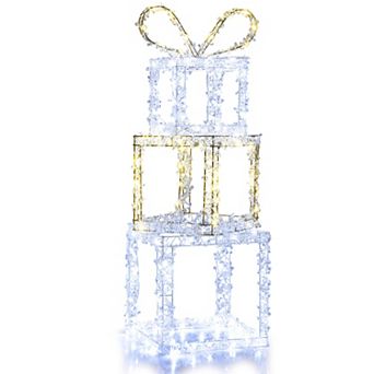 Gymax Outdoor Set of 3 Pre-Lit Christmas Present Box Lights w/Warm & Cold White LED Lights