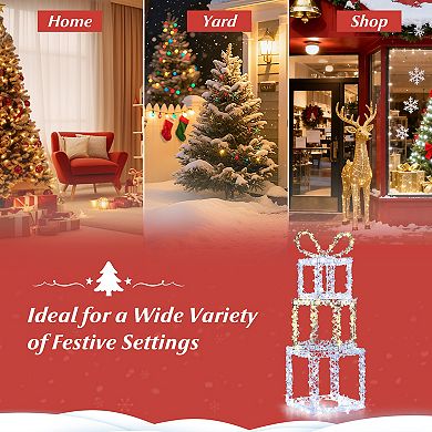 Gymax Outdoor Set of 3 Pre-Lit Christmas Present Box Lights w/Warm & Cold White LED Lights