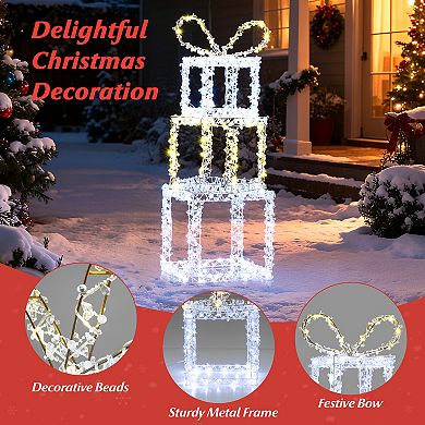 Gymax Outdoor Set of 3 Pre-Lit Christmas Present Box Lights w/Warm & Cold White LED Lights