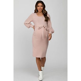 Maternity Soft Brushed Waist Tie Bubble Sleeve Dress