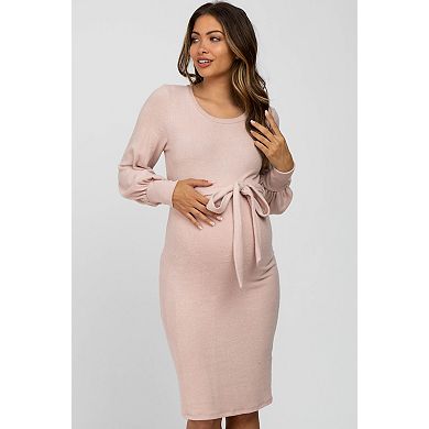Maternity Soft Brushed Waist Tie Bubble Sleeve Dress