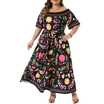 Women's Plus Size Dress Elastic Square Neck Off Shoulder Short Sleeve Tiered Floral Dress with Belt