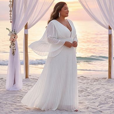Women's Plus Size Wedding Formal Deep V Neck Long Sleeve Evening Gowns Prom Maxi Dress
