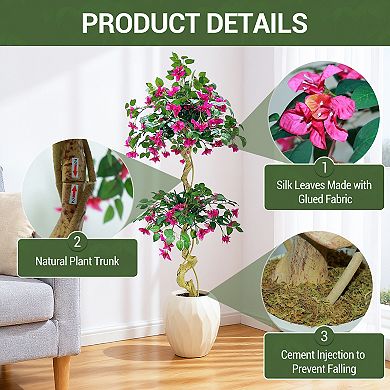 5ft Artificial Bougainvillea Tree, Large Realistic Faux Tree in Pot, with Flowers and Leaves, Decor