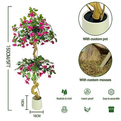 5ft Artificial Bougainvillea Tree, Large Realistic Faux Tree in Pot, with Flowers and Leaves, Decor