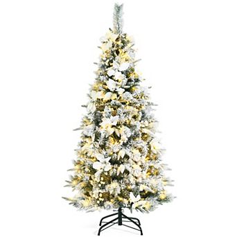 Gymax 5 FT Pre-Lit Artificial Snow-Flocked Christmas Tree Hinged Pencil Xmas Tree