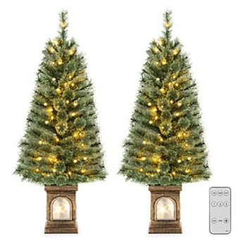 Gymax 2 pc 4 FT Pre-Lit Potted Xmas Tree Artificial Entrance Tree w/ LED Lights & 116 Branch Tips