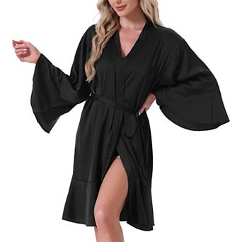 Women's Short Robe Trumpet Sleeves Ruffle Hem Silky Cover Up Bridal Party Kimono Bathrobes with Belt