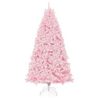 Gymax 7 FT Pre-Lit Artificial Christmas Tree Lighted Pink Snow Flocked Xmas Tree