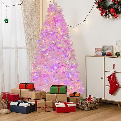 Gymax 7 FT Pre-Lit Artificial Christmas Tree Lighted Pink Snow Flocked Xmas Tree