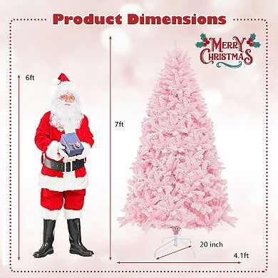 Gymax 7 FT Pre-Lit Artificial Christmas Tree Lighted Pink Snow Flocked Xmas Tree