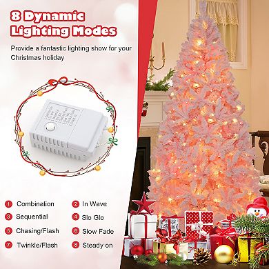 Gymax 7 FT Pre-Lit Artificial Christmas Tree Lighted Pink Snow Flocked Xmas Tree