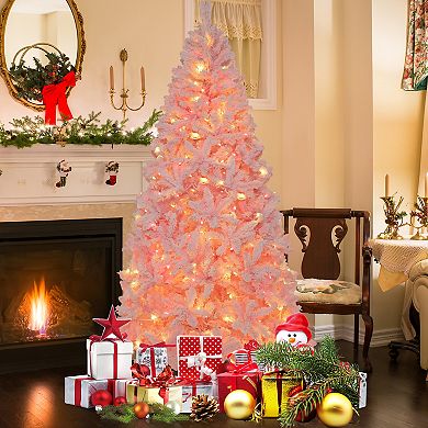 Gymax 7 FT Pre-Lit Artificial Christmas Tree Lighted Pink Snow Flocked Xmas Tree
