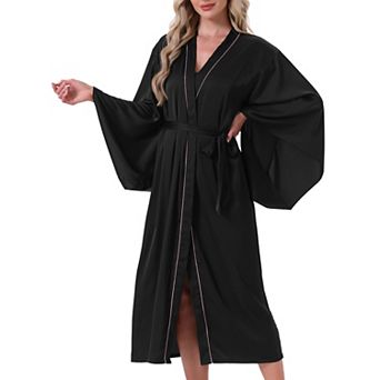 Women's Satin Long Kimono Robe Batwing Sleeve Loungewear Silky Loose Bridal Party Bathrobe with Belt