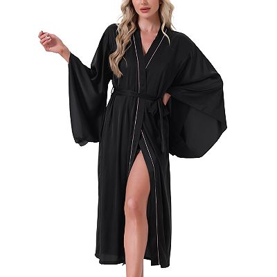 Women's Satin Long Kimono Robe Batwing Sleeve Loungewear Silky Loose Bridal Party Bathrobe with Belt
