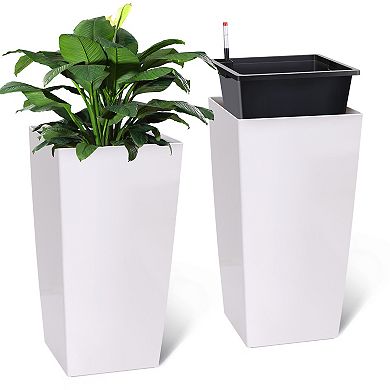 Planters Set of 2, High Front Porch Planter Pots w/Movable Wheels&Inner Bucket, Automatic Watering