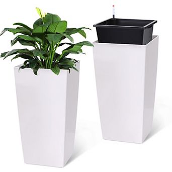 Planters Set of 2, High Front Porch Planter Pots w/Movable Wheels&Inner Bucket, Automatic Watering