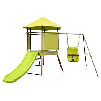 4-in-1 Swing Set with Covered Playhouse Fort and Height Adjustable Baby Seat