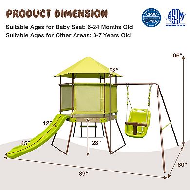 4 In 1 Swing Set with Covered Playhouse Fort and Adjustable Baby Seat