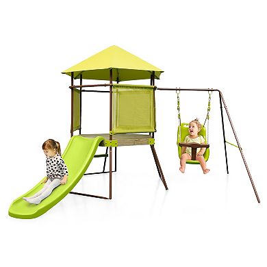 4 In 1 Swing Set with Covered Playhouse Fort and Adjustable Baby Seat