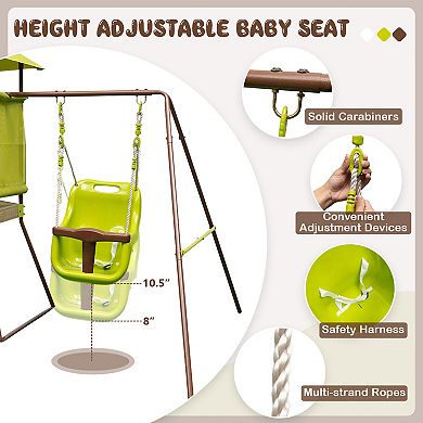 4 In 1 Swing Set with Covered Playhouse Fort and Adjustable Baby Seat