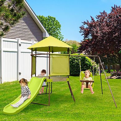 4 In 1 Swing Set with Covered Playhouse Fort and Adjustable Baby Seat