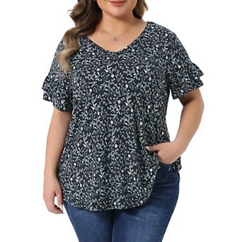Plus Size Summer Tops for Women V Neck Ruffle Sleeve Floral Casual Floral Blouses