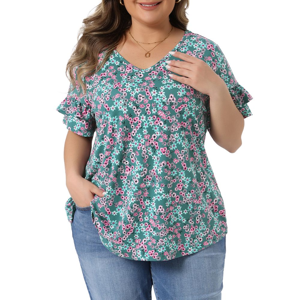 Plus Size Summer Tops for Women V Neck Ruffle Sleeve Floral Casual Floral  Blouses, image size:1000x1000