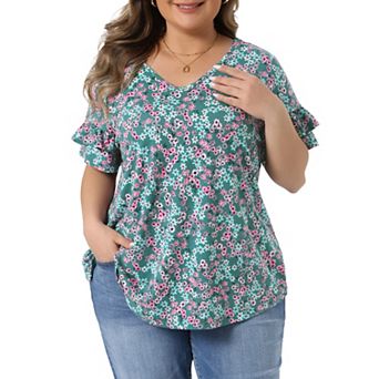 Plus Size Summer Tops for Women V Neck Ruffle Sleeve Floral Casual Floral Blouses