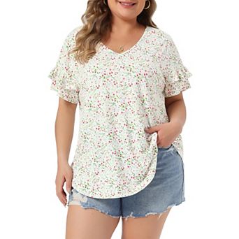 Plus Size Summer Tops for Women V Neck Ruffle Sleeve Floral Casual Floral Blouses