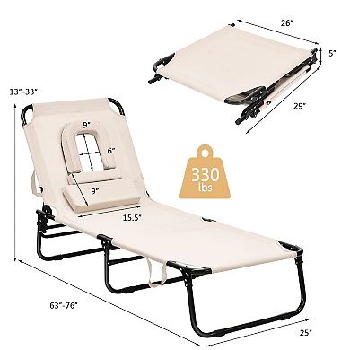 Outdoor Folding Chaise Lounger with Hand Rope and Detachable Pillow