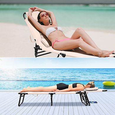 Outdoor Folding Chaise Lounger with Hand Rope and Detachable Pillow