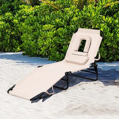 Outdoor Folding Chaise Lounger with Hand Rope and Detachable Pillow