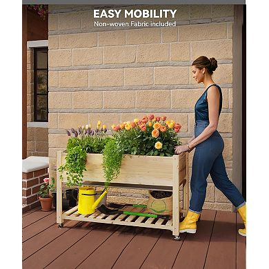 Raised Garden Bed w/Legs and Wheels, Wooden Raised Planter Box with Storage Shelf, Protective Liner
