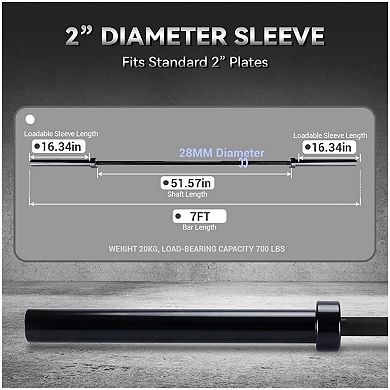 7FT 45LB Powerlifting Barbell, Heavy-Duty 700LB Capacity, 2-Inch Weight Bar
