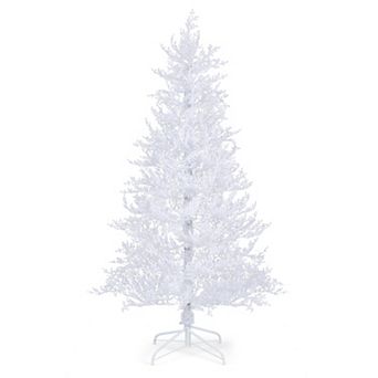 Gymax 6 FT Pre-Lit Artificial Christmas Tree White Hinged Xmas Tree w/ 383 Snow-Flocked Tips