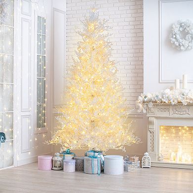 Gymax 6 FT Pre-Lit Artificial Christmas Tree White Hinged Xmas Tree w/ 383 Snow-Flocked Tips