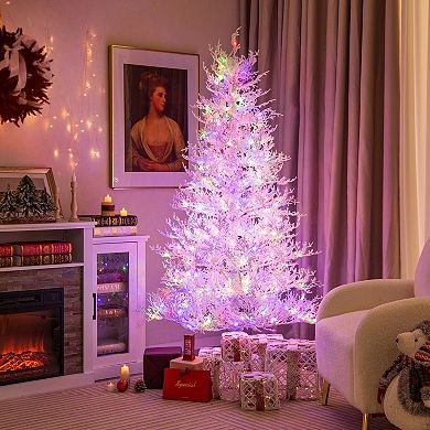 Gymax 6 FT Pre-Lit Artificial Christmas Tree White Hinged Xmas Tree w/ 383 Snow-Flocked Tips