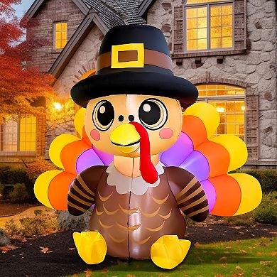 GOOSH 6FT Turkey Inflatable with Pilgrim Hat and LED Lights for Thanksgiving Outdoor Décor