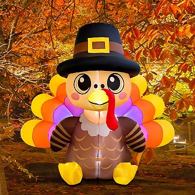 GOOSH 6FT Turkey Inflatable with Pilgrim Hat and LED Lights for Thanksgiving Outdoor Décor