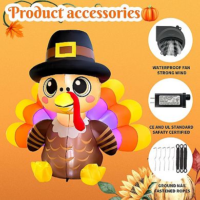 GOOSH 6FT Turkey Inflatable with Pilgrim Hat and LED Lights for Thanksgiving Outdoor Décor