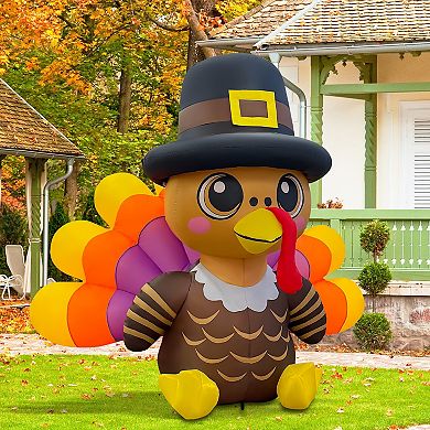 GOOSH 6FT Turkey Inflatable with Pilgrim Hat and LED Lights for Thanksgiving Outdoor Décor