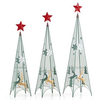 Gymax Set of 3 Tower Shaped Christmas Trees 3ft/3.5ft/4ft Artificial Xmas Metal