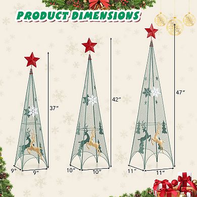 Gymax Set of 3 Tower Shaped Christmas Trees 3ft/3.5ft/4ft Artificial Xmas Metal